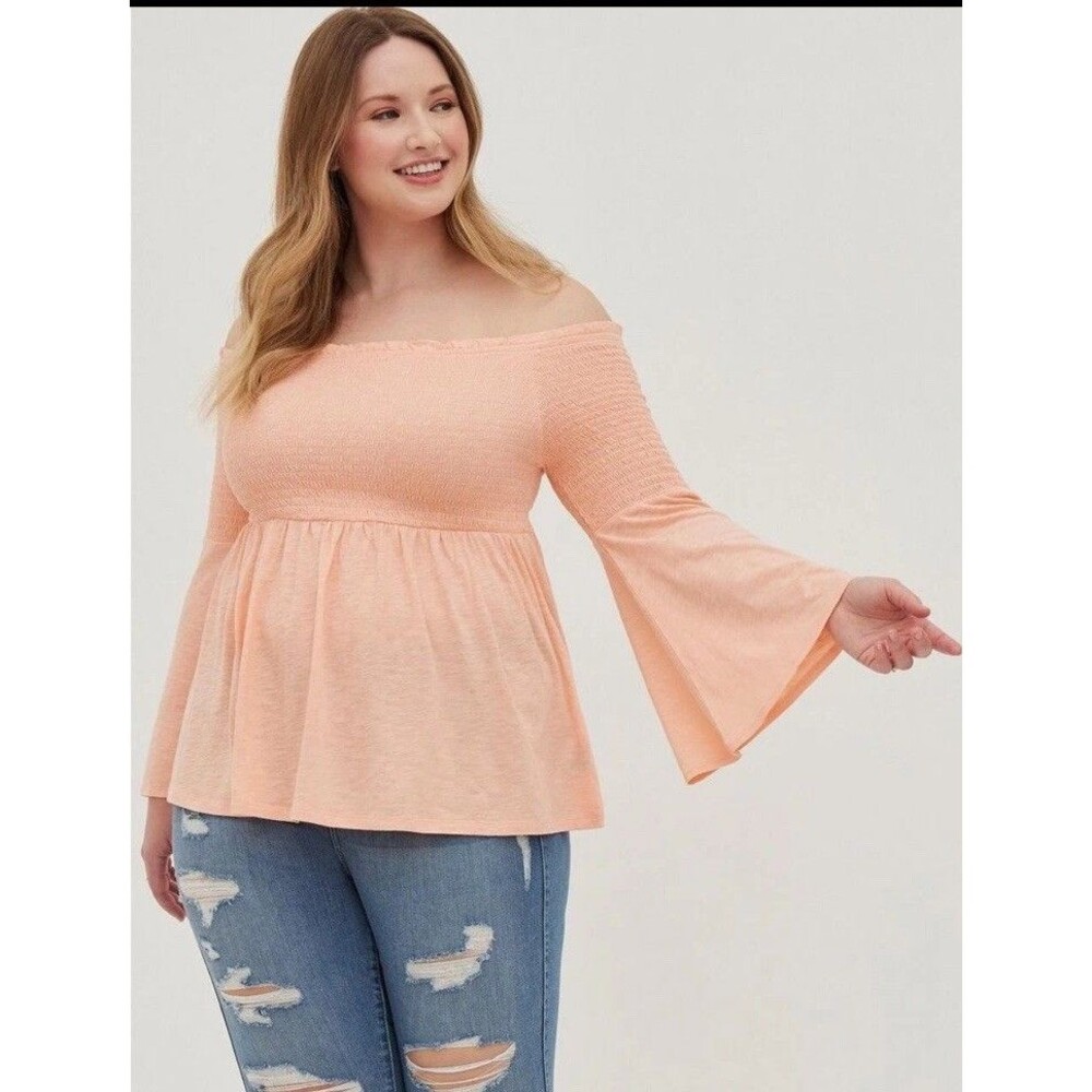 Torrid Peach Babydoll Top Smocked Off-Shoulder Bell Sleeve Size 3X 22/24